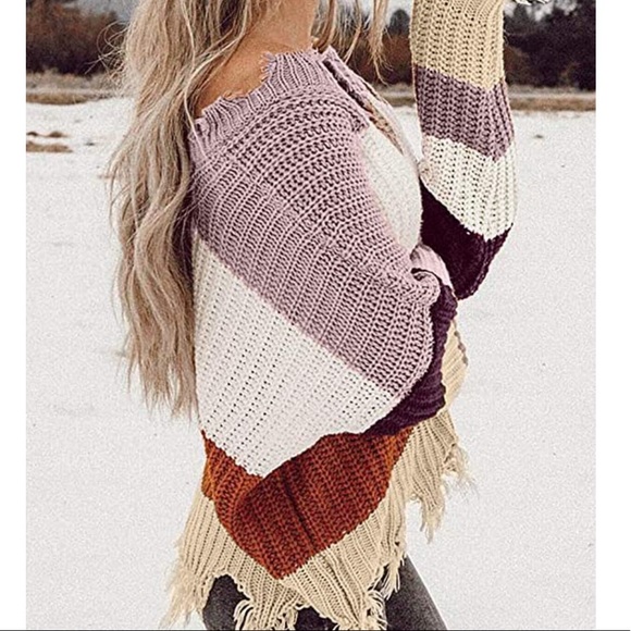 Boho Vintage Frayed Hem Off-Shoulder Sweater - Picture 3 of 14